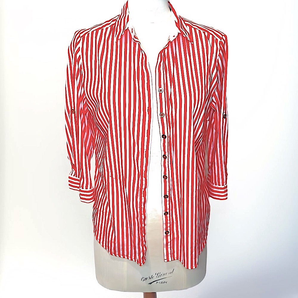 Y2K Red and White Striped Collared Button Down Top